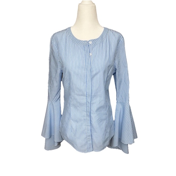 MILLY Women Size 4 Michelle Blue White Stripe Bell Sleeve Cotton Blouse USA - Picture 13 of 13